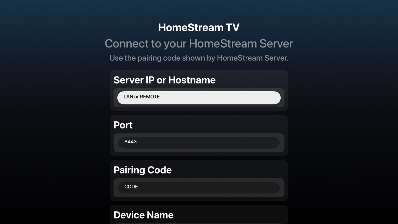 Pairing screen in the HomeStream TV app