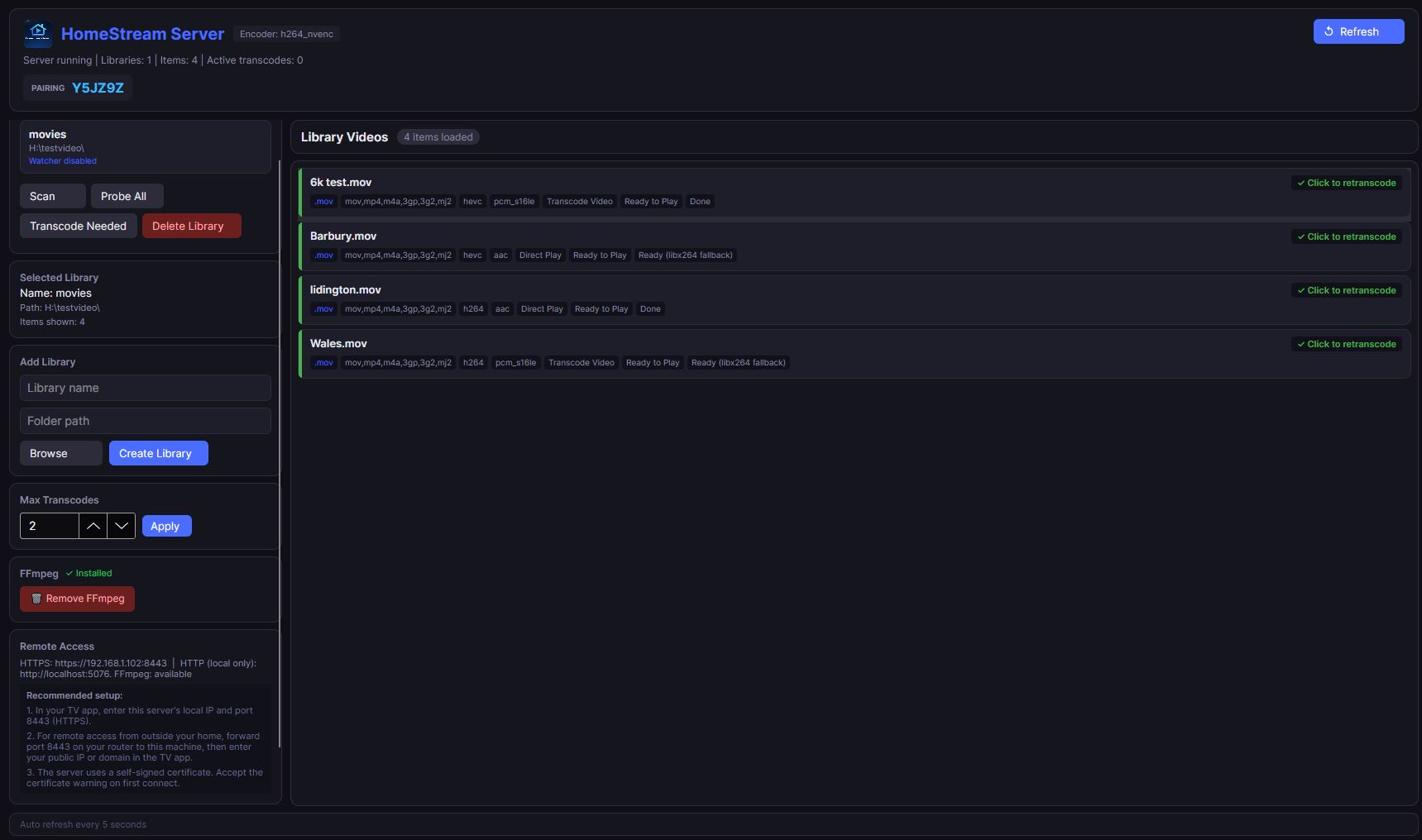 HomeStream Server dashboard
